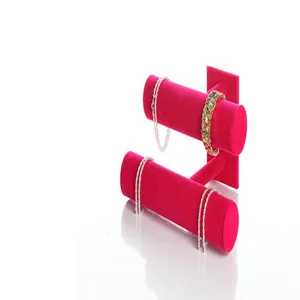Detailed view of the two-tier velvet jewelry display stand, highlighting texture details.