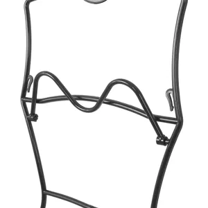 Detail view of a black plastic swimsuit display hanger for women's swimwear retail store.