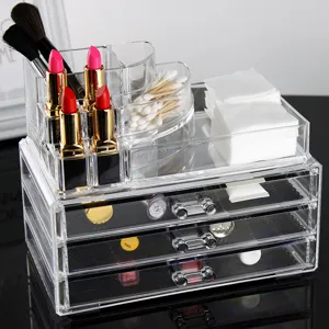 Transparent acrylic makeup organizer 3-drawer cosmetic storage box lipstick holder desktop tidy