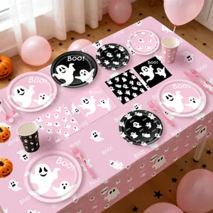 Halloween Party Pappteller Set rosa Geist Geschirr Einwegteller Becher Servietten Dekoration