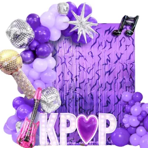 Paarse KPOP feestdecoratie achtergrond kit met ballonnen disco ballen gitaar en letters