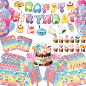 Mochi squishy theme birthday party decoration set including banner, balloons, plates, cups.