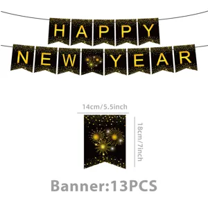Schwarz-goldene Frohes Neues Jahr Party Banner Hängende Dekoration mit 13 Stk Wimpeln.