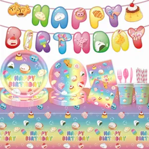 Squishy theme birthday party decoration set including banner plates cups napkins and tablecloth.