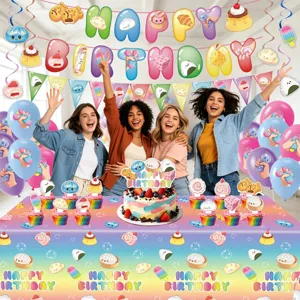 Squishy theme party decoration set including happy birthday banners balloons tablecloth cake toppers