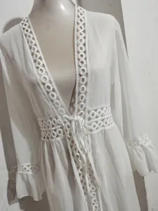 Cardigan long de plage transparent en dentelle blanche pour maillot de bain femme ete