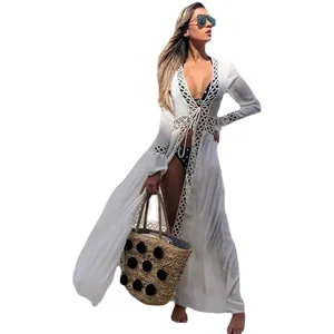 Women white long beach cover up cardigan hollow lace swimsuit swimwear stylish resort wear