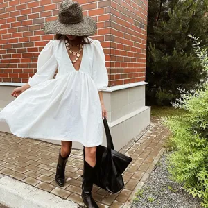 Women long sleeve V neck puff sleeve white midi dress summer casual chic apparel 2024