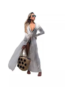 Long gilet de plage blanc transparent pour femme, cardigan dentelle de bain vetement ete.