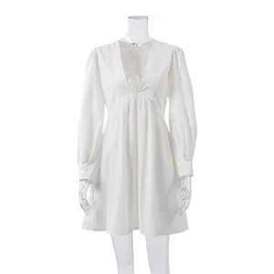 White long sleeve v-neck bubble sleeve midi dress casual elegant spring summer women dress