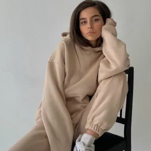 Women Casual Hooded Sweatshirt And Sweatpants Top And Bottom Solid Color Long Sleeve Pullover Polyester Tracksuit