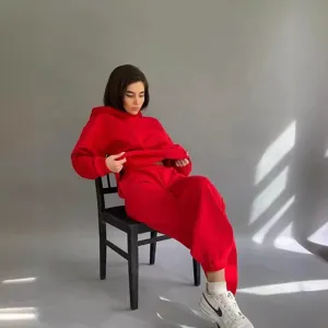 Women red casual tracksuit long sleeve hoodie and sweatpants set for daily wear comfy.