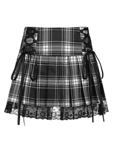 Black white plaid pleated mini skirt with side lace up ribbons and black lace hem alt style