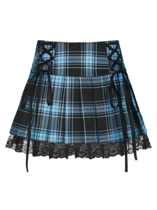 Blue and black plaid pleated miniskirt with side lace-up ribbons and delicate black lace hem.