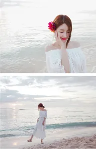 Close-up and full view of the white off-shoulder bohemian dress on the beach during sunset.