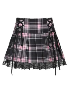 Black and pink plaid cross laced lace pleated mini skirt Y2K subculture hot girl style