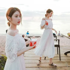 Women's Bohemian Off The Shoulder Long Dress Summer White Beach Vacation Maxi Dress Hollow Out Embroidery Cotton Dress