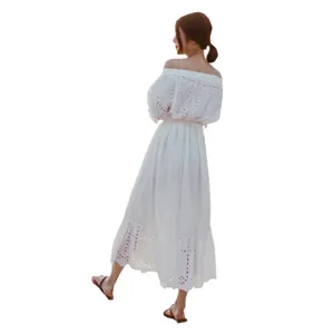 White bohemian long dress, off-shoulder summer beach maxi dress with hollow embroidery.