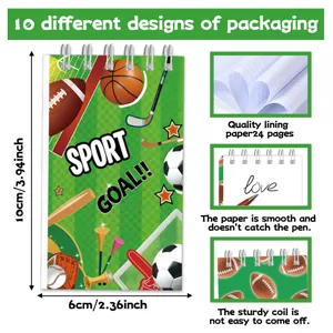 Detailopnamen van sportthema spiralanotitieboekje met glad gelinieerd papier en stevige spiraal.