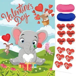 Set de póster para juego de San Valentín con linda ilustración de elefante, antifaces y pegatinas.