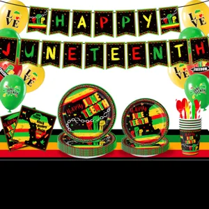 Juneteenth party supplies set including banner plates napkins cups balloons for holiday decor