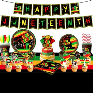 Juneteenth party supplies set with banners plates cups and cake toppers for celebration