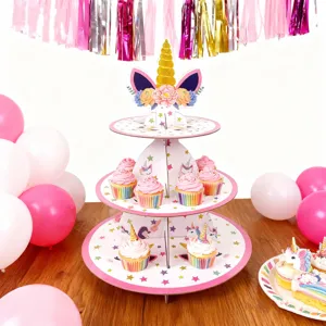 Unicorn 3-tier paper cupcake stand for birthday party dessert table decoration display stand