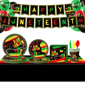 Juneteenth party supplies decorations set including plates cups banners napkins table decor.