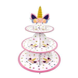 Unicorn 3-tier cardboard cupcake stand for birthday party dessert display table decor