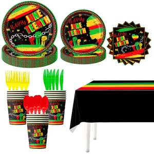 Juneteenth party supplies set including themed paper plates cups napkins tablecloth and tableware.