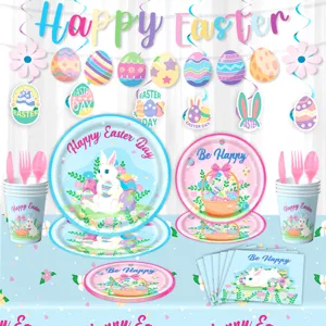 Osterparty Geschirr Set mit Pappteller Becher Servietten Banner Tischdecke Dekoration
