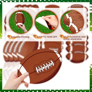 Detailed view of football shaped sticker showing easy peel backing and strong adhesive feature.