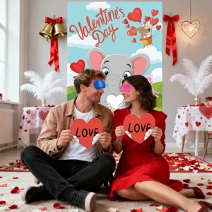 Poster de juego de San Valentin con bonito diseño de elefante y accesorios divertidos.