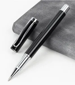 Black metal gel pen with silver clip and cap, smooth writing business office pen.