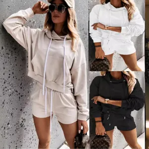 Women Casual Hooded Sweatshirt And Shorts Set Solid Color Long Sleeve Drawstring Top And Bottom Sporty Two-Piece Loungewear