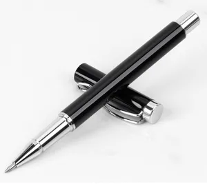 Detailed shot of a sleek black and silver metal rollerball pen, perfect for business.