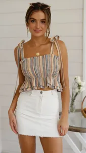 Summer sexy slim-fit camisole tube top, multi-color striped tie-strap crop top.