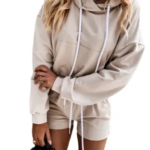 Casual two-piece loungewear set featuring a cozy hooded sweatshirt and matching shorts.