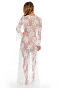Lungo cardigan da spiaggia in pizzo bianco, copricostume elegante e trasparente.