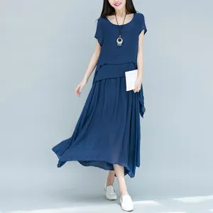 Abito midi estivo in cotone e lino comodo e ampio da donna, elegante manica corta blu scuro.