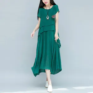 Estate letterario largo taglia forte vestito maxi in cotone e lino con maniche corte.