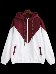 Women's color block hooded zip-up jacket with adjustable drawstring casual outerwear