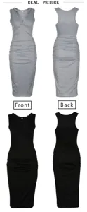 Sleeveless V-neck ruched midi dress detail, front and back view showing slim fit design.
