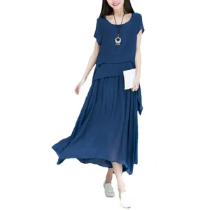 Vestito midi casual da donna in lino e cotone blu navy con comode maniche corte estive.
