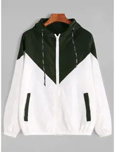 Detail view of the green and white color-block hooded windbreaker jacket with zipper and drawstrings.