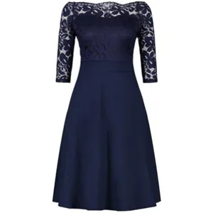 Women Off Shoulder Half Sleeve Lace Splicing Flared Midi Dress Elegant Solid Color Slim Fit Casual Party Dress
