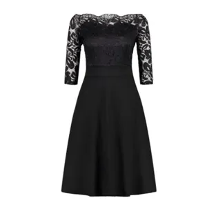 Black off-shoulder lace midi dress with half sleeves and flared swing hem for women