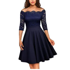 Navy blue off-the-shoulder lace midi dress with half sleeves and a-line swing skirt for women.