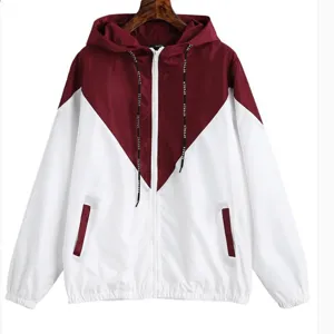 Women Color Block Hooded Jacket Casual Long Sleeve Zipper Drawstring Outerwear Fashion Spring Summer Lightweight Coat