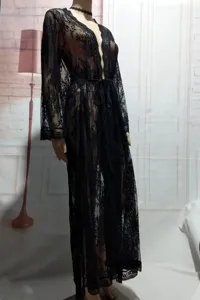 Cardigan lungo da spiaggia in pizzo nero da donna costume da bagno trasparente vestito estivo